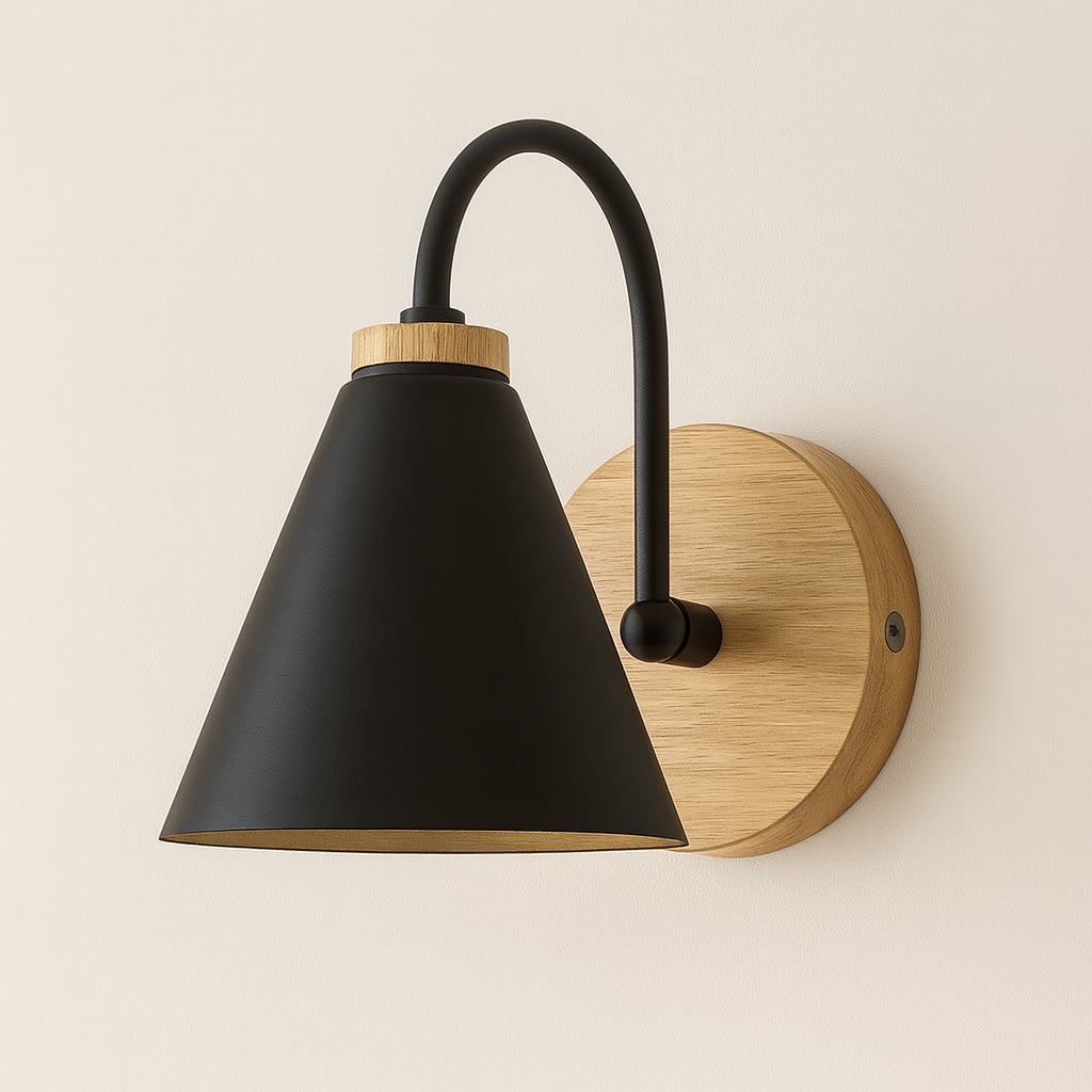 Modern Wall Light | Cone Shade Wood Base Sconce Bedroom Indoor
