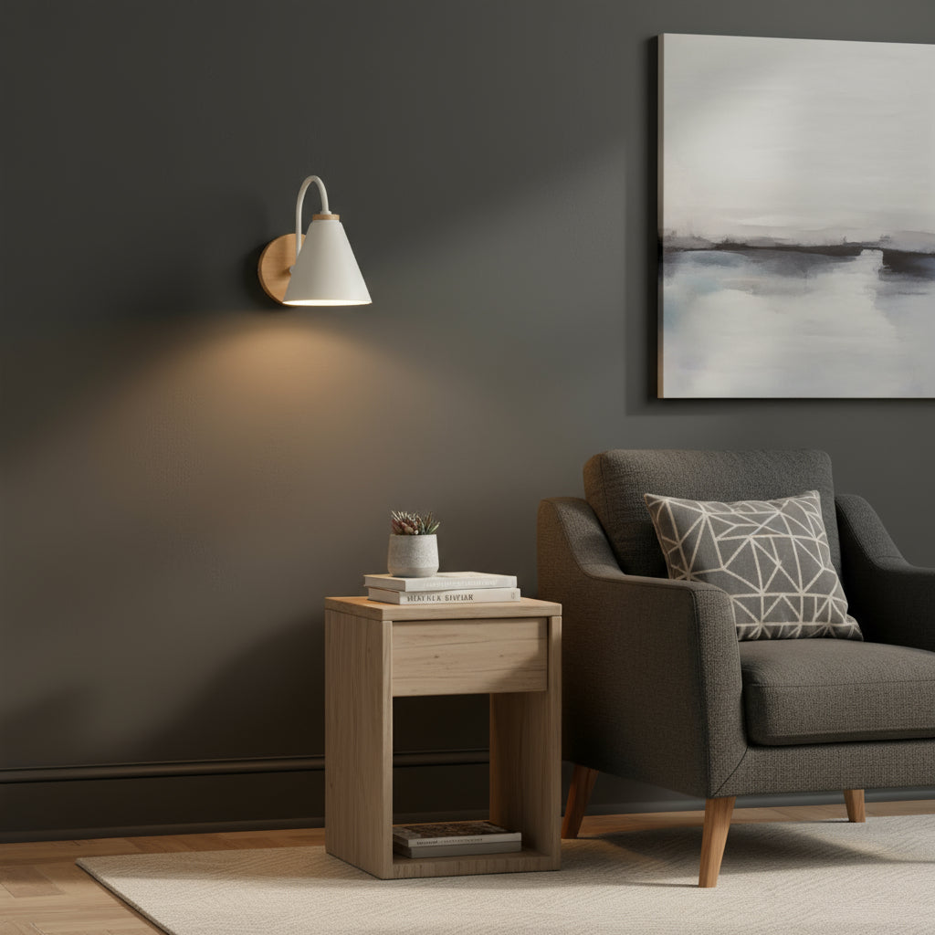 Modern Wall Light | Cone Shade Wood Base Sconce Bedroom Indoor