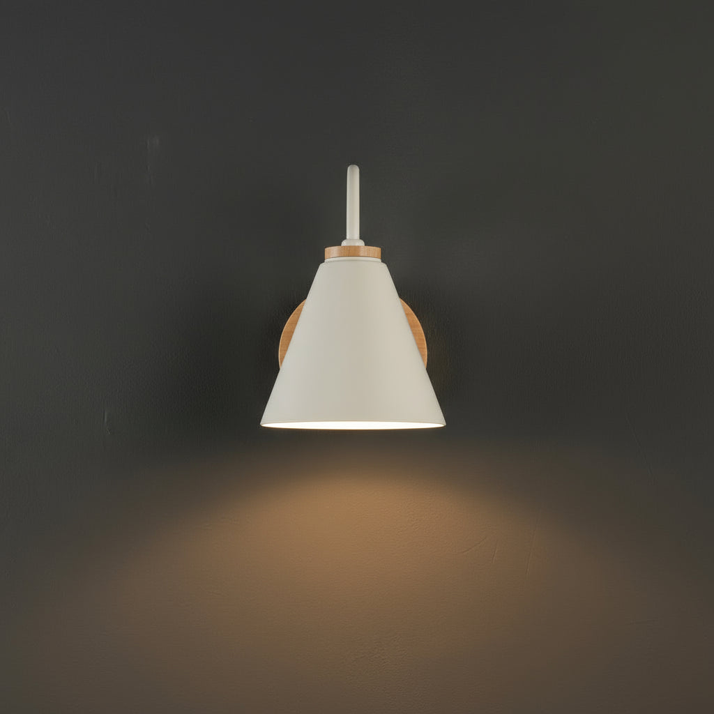 Modern Wall Light | Cone Shade Wood Base Sconce Bedroom Indoor