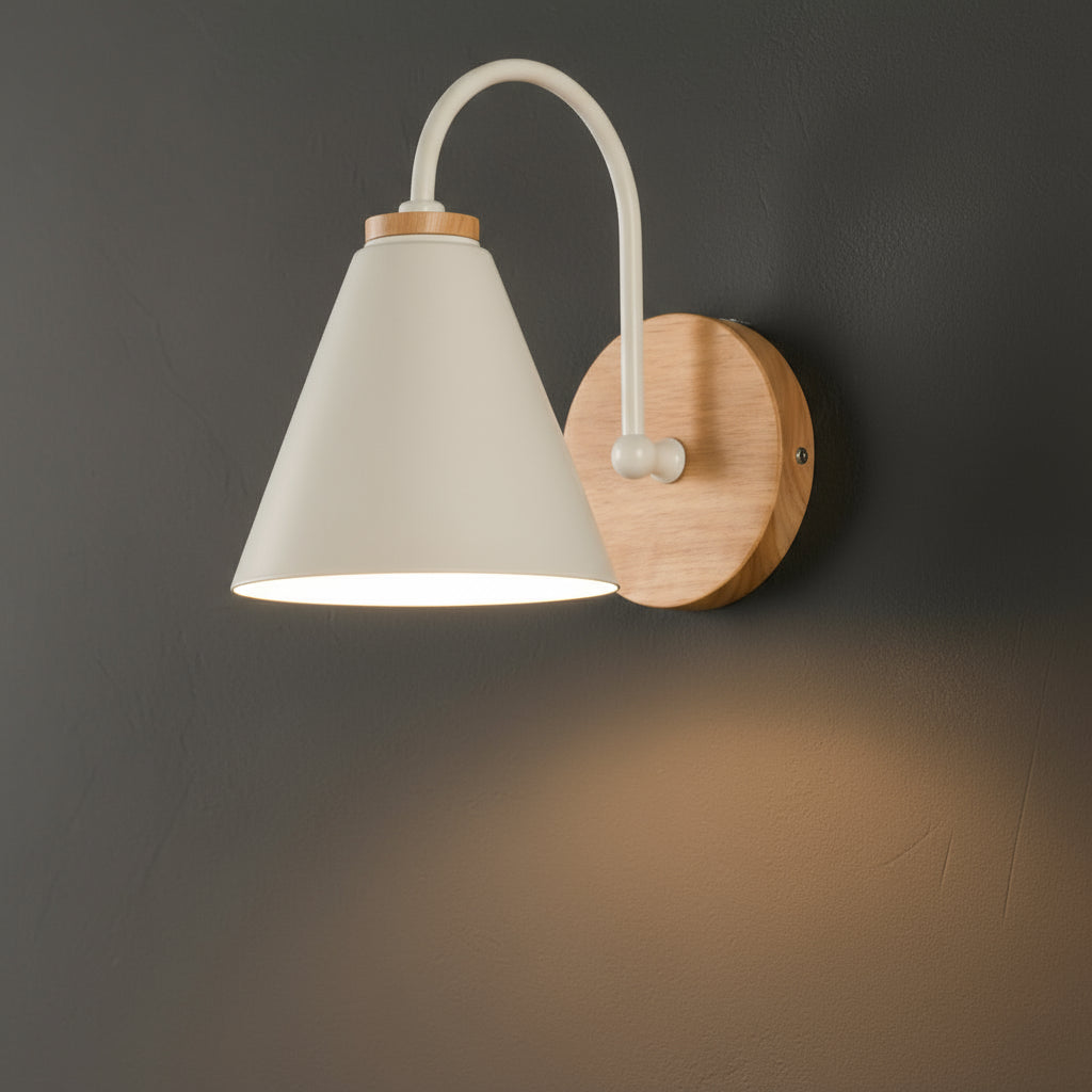 Modern Wall Light | Cone Shade Wood Base Sconce Bedroom Indoor