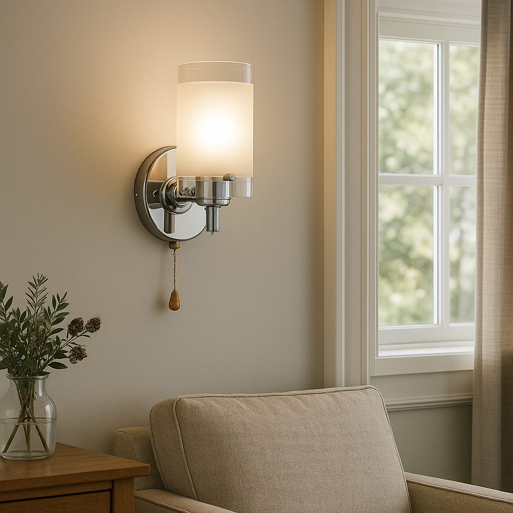Modern Wall Light | Chrome Frosted Glass Shade Pull Switch Cord Pull