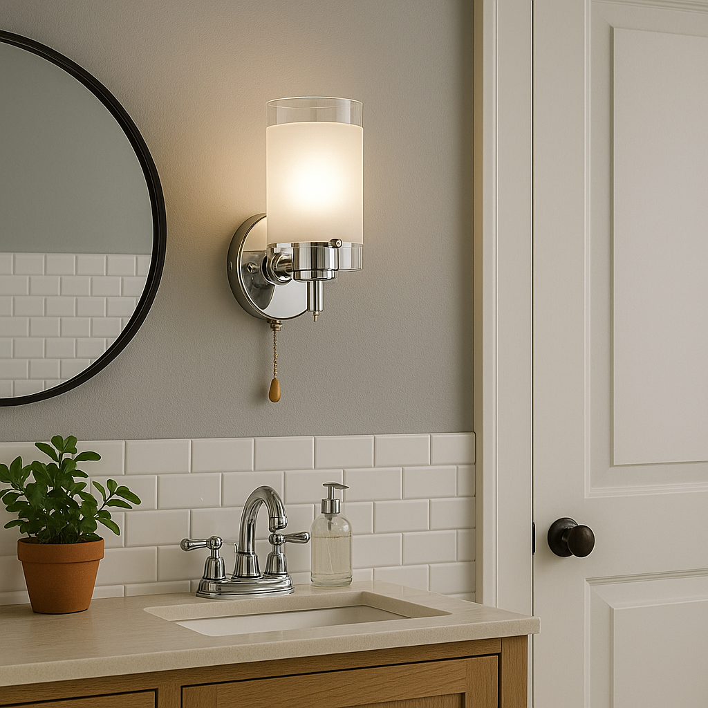 Modern Wall Light | Chrome Frosted Glass Shade Pull Switch Cord Pull
