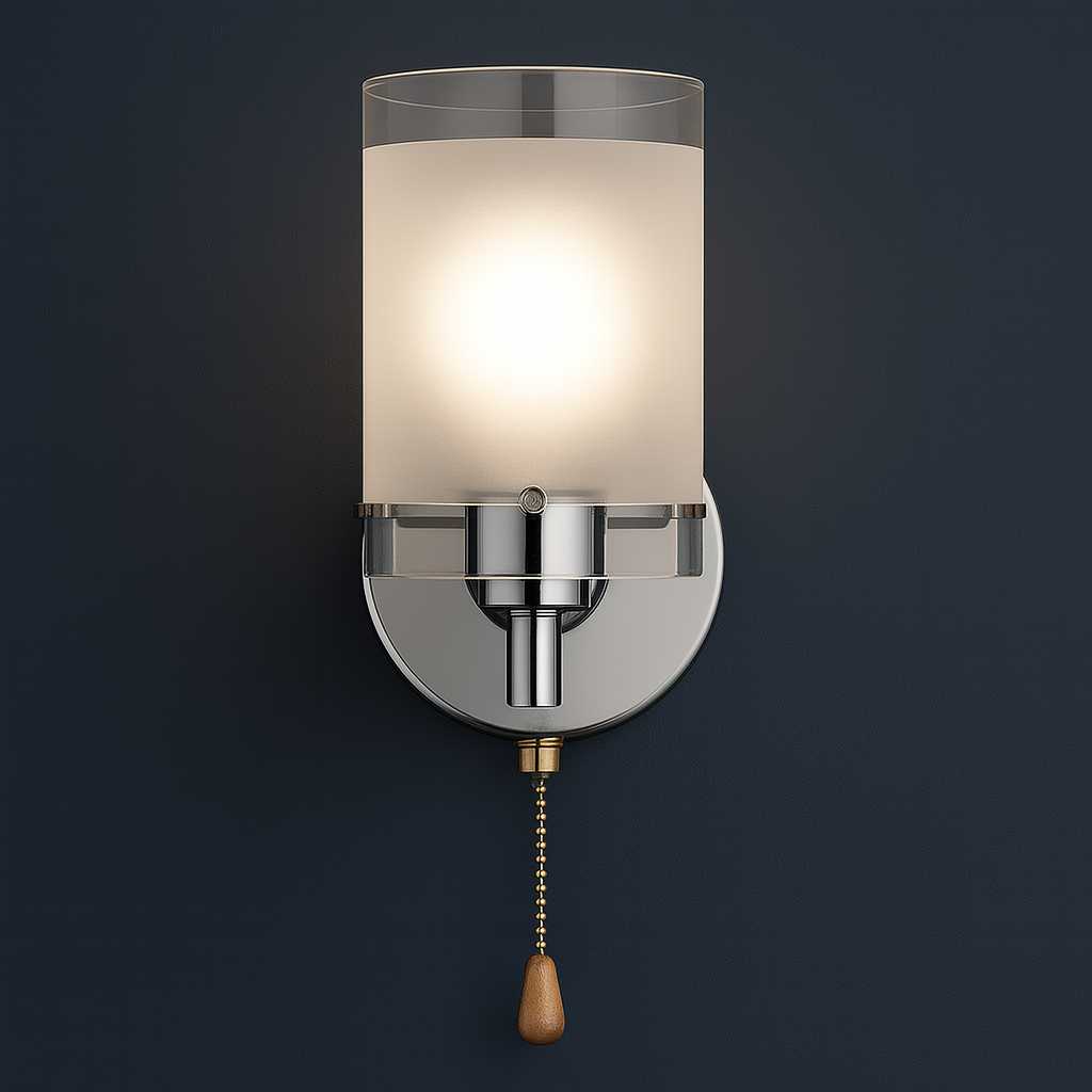 Modern Wall Light | Chrome Frosted Glass Shade Pull Switch Cord Pull