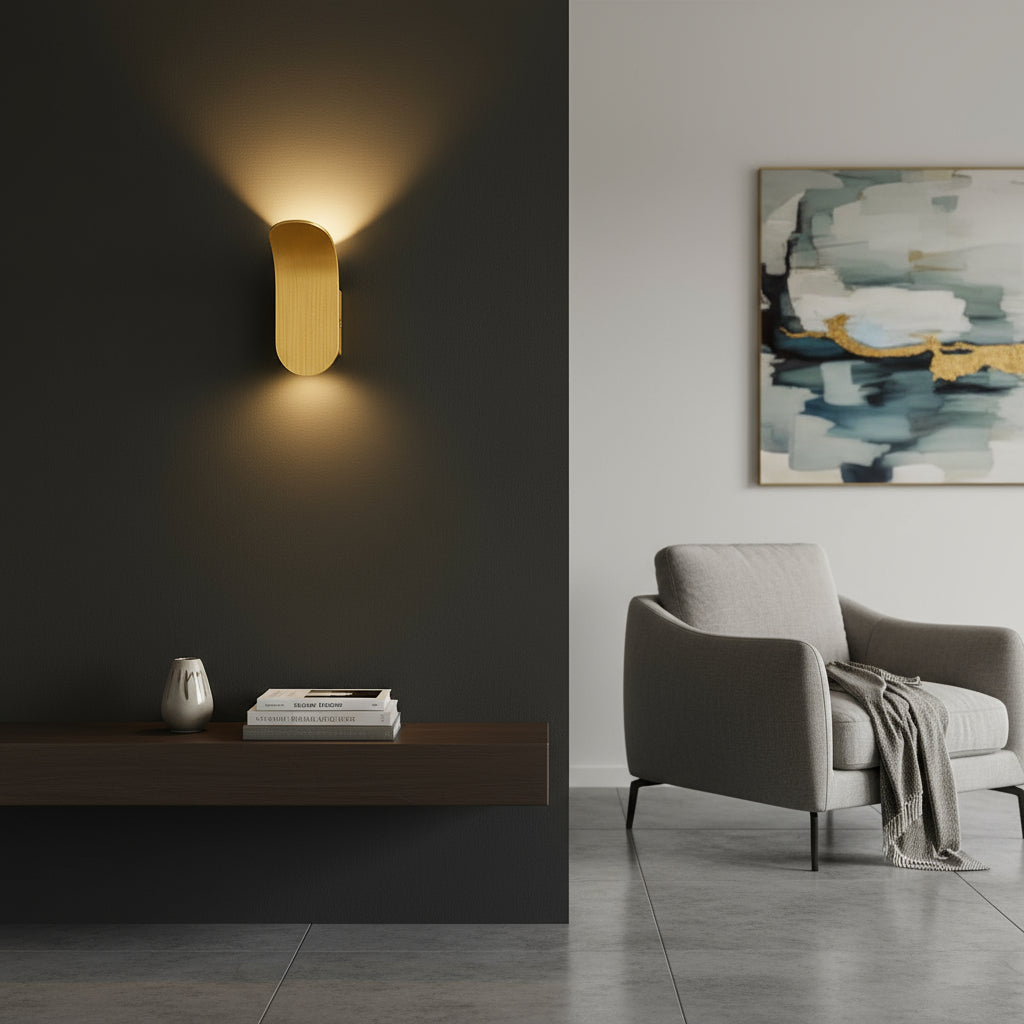 Modern Wall Light | Brushed Brass Curved Leaf-Shaped Sconce Living Room