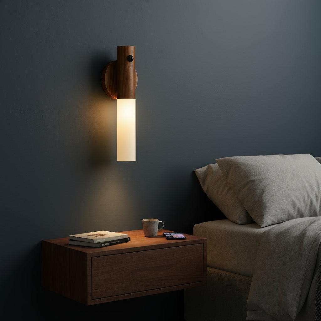 Stick-on Wall Light | Motion Sensor Wood Sconce Frosted Glass Stick On Lights