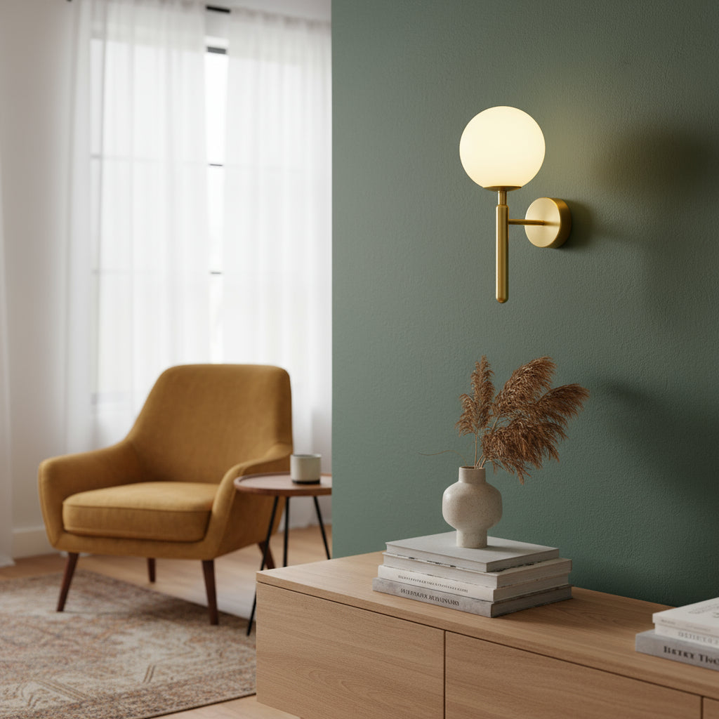 Modern Wall Light | Brass Frosted Globe Shade Sconce Bedroom Indoor