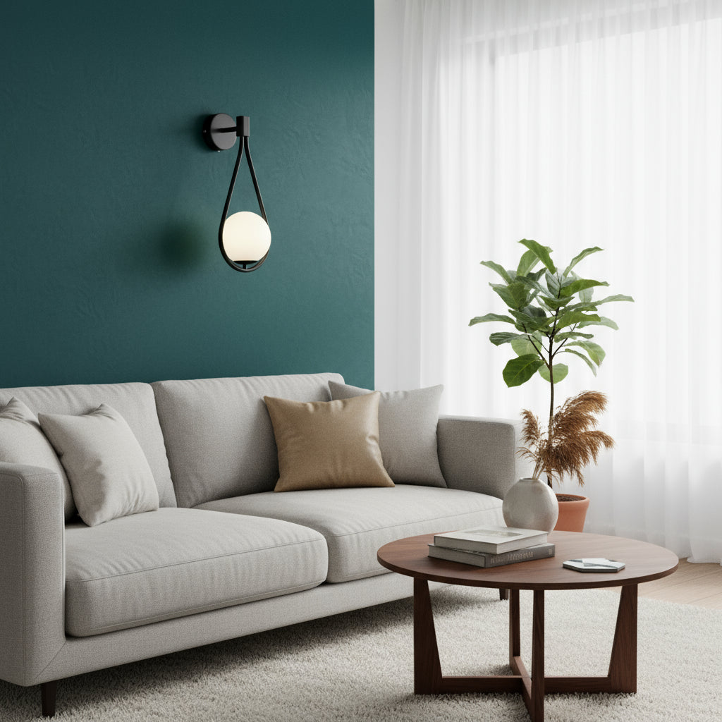 Modern Wall Light | Brass Teardrop Frame Frosted Glass Globe Shade Living Room