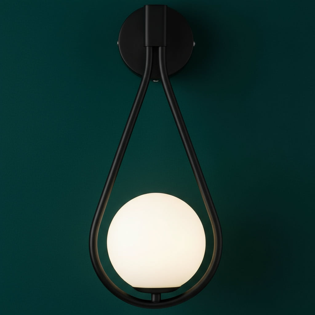Modern Wall Light | Brass Teardrop Frame Frosted Glass Globe Shade Living Room