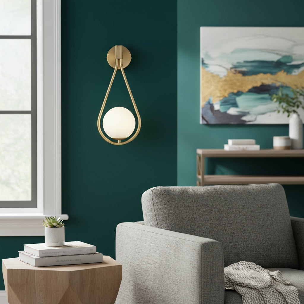 Modern Wall Light | Brass Teardrop Frame Frosted Glass Globe Shade Living Room