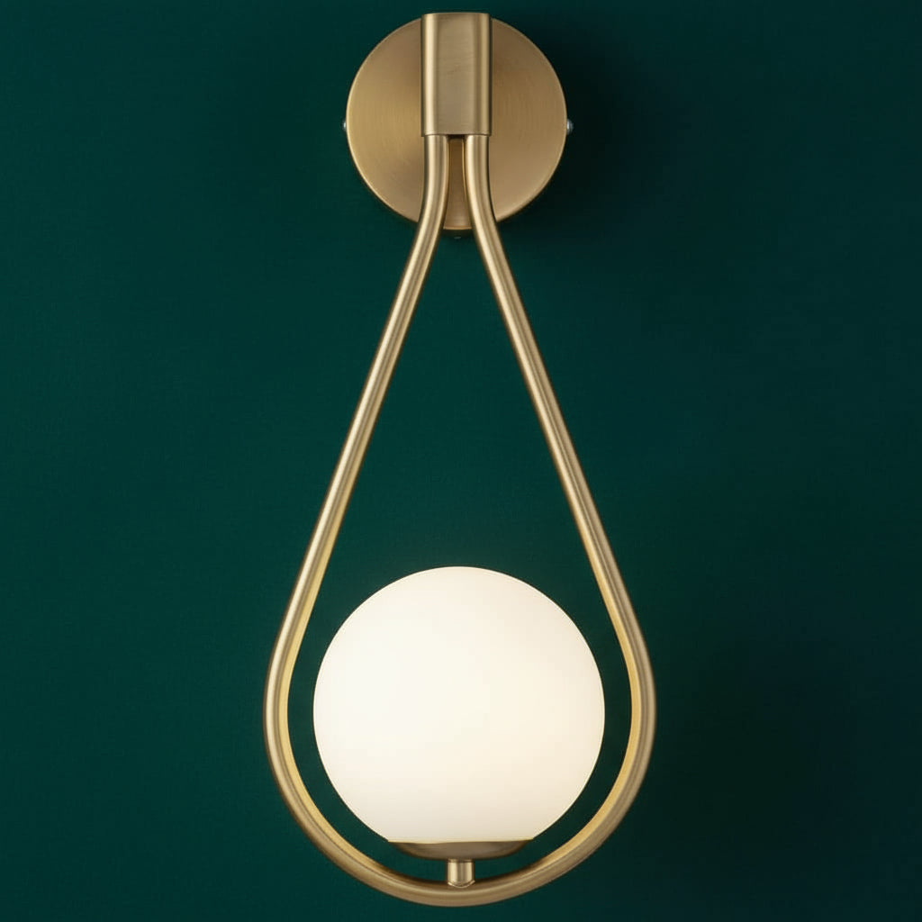 Modern Wall Light | Brass Teardrop Frame Frosted Glass Globe Shade Living Room