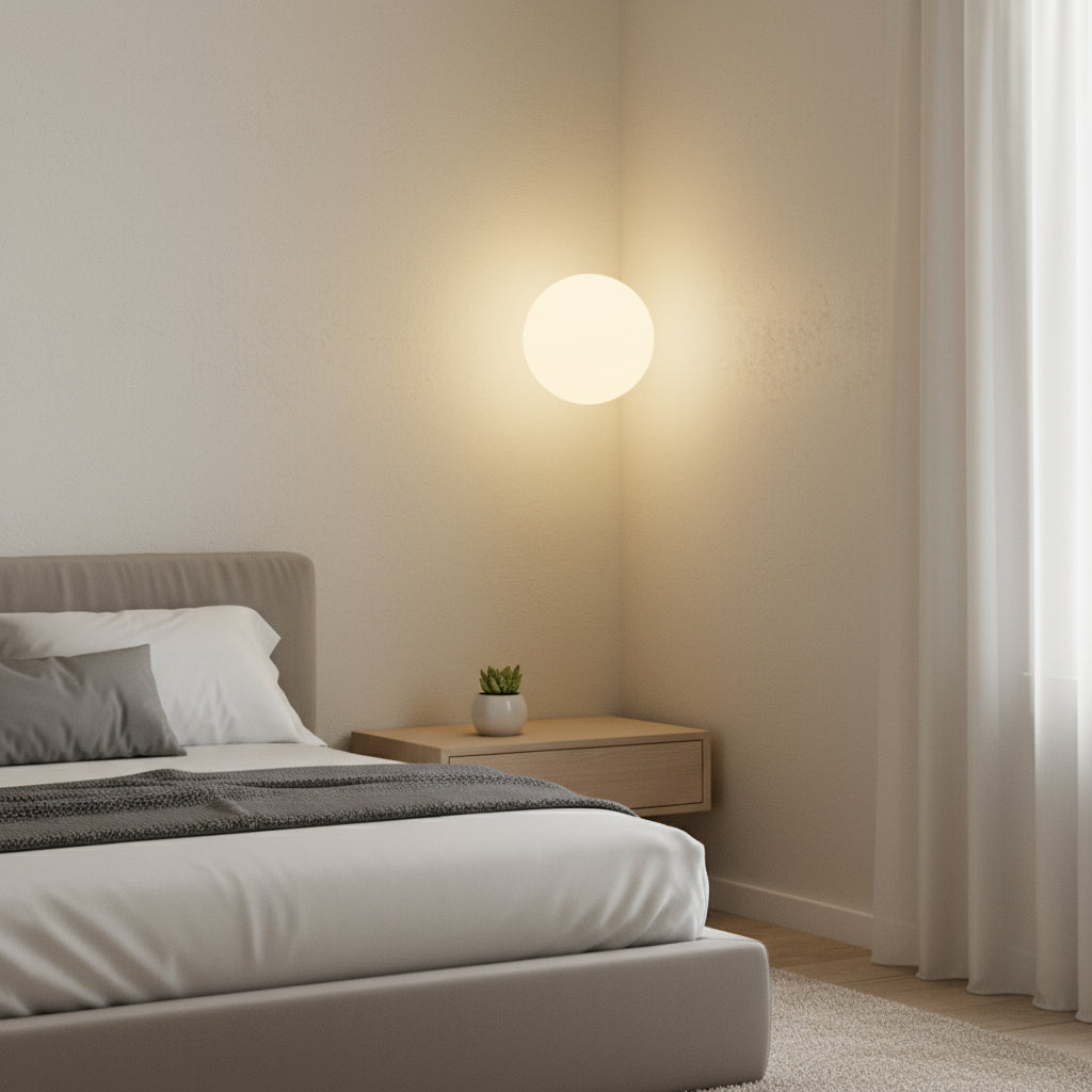Modern Glass Wall Light | Round Frosted Glass Globe Concealed Base Bedroom