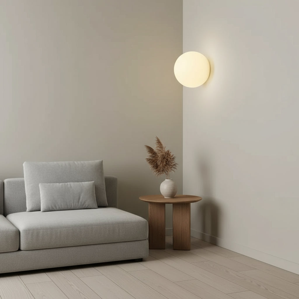 Modern Glass Wall Light | Round Frosted Glass Globe Concealed Base Bedroom