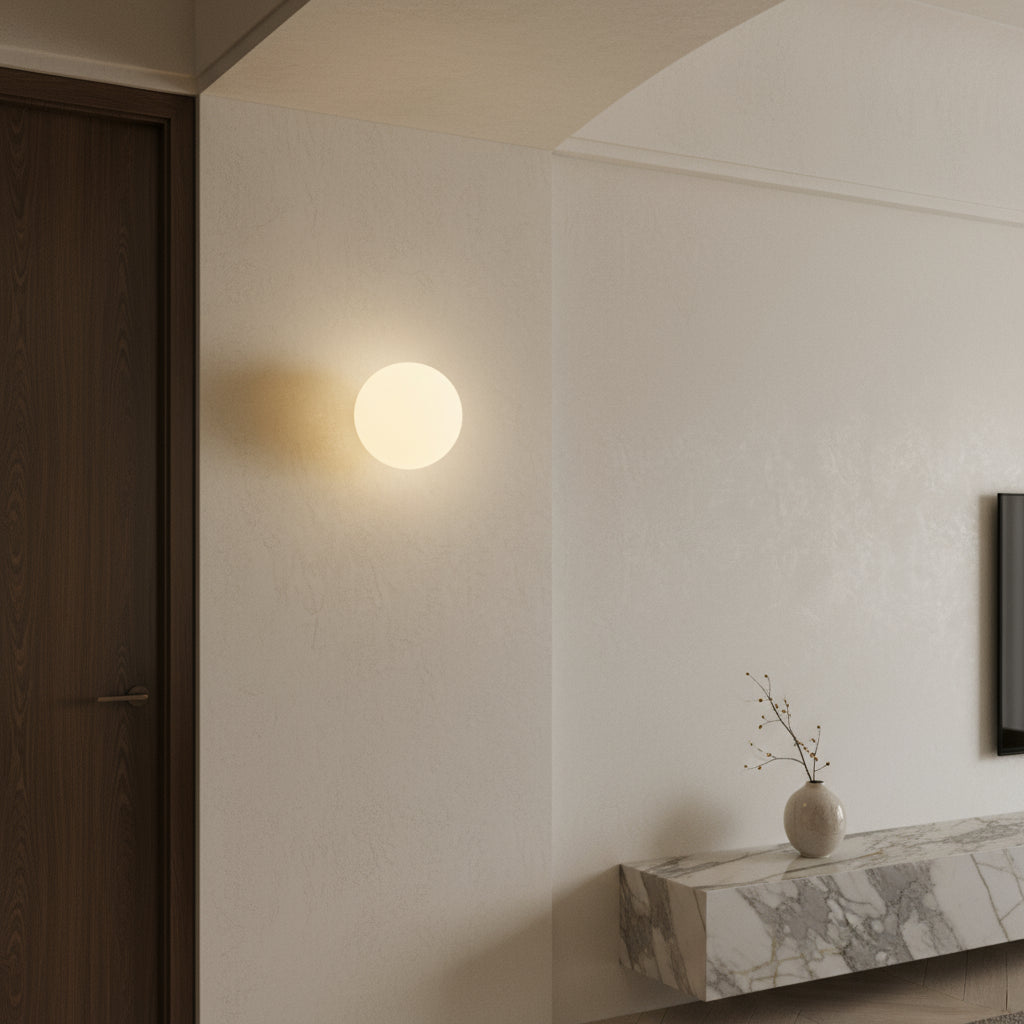 Modern Glass Wall Light | Round Frosted Glass Globe Concealed Base Bedroom
