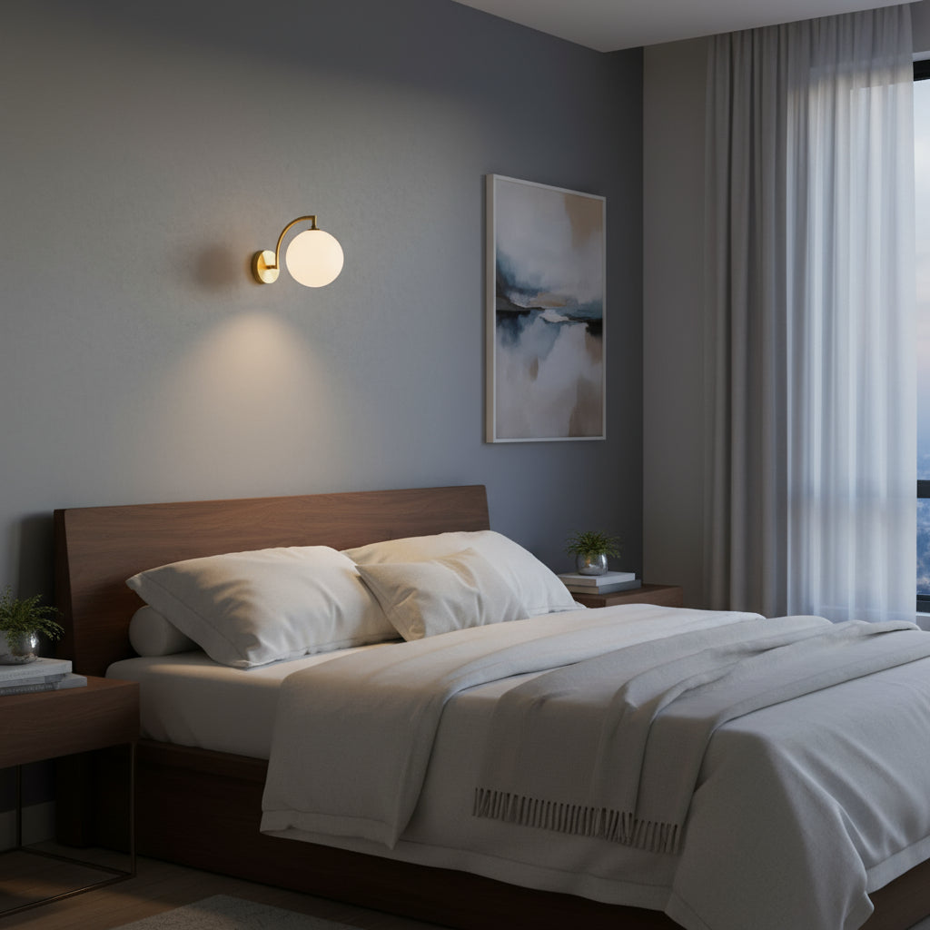 Modern Brass Wall Light | Curved Arm Clear Glass Globe Sconce Indoor