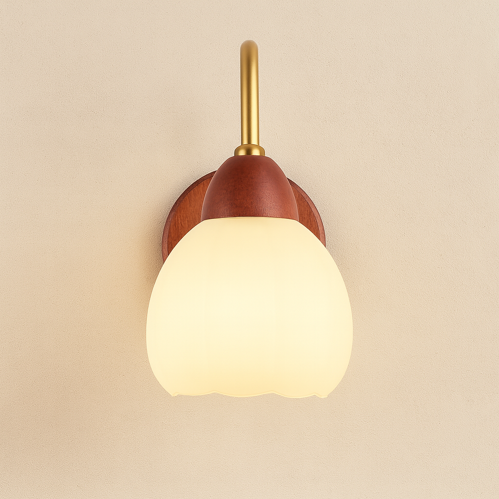Vintage Wall Light | Wooden Base Frosted Glass Shade Ivory Metal Frame Bedroom