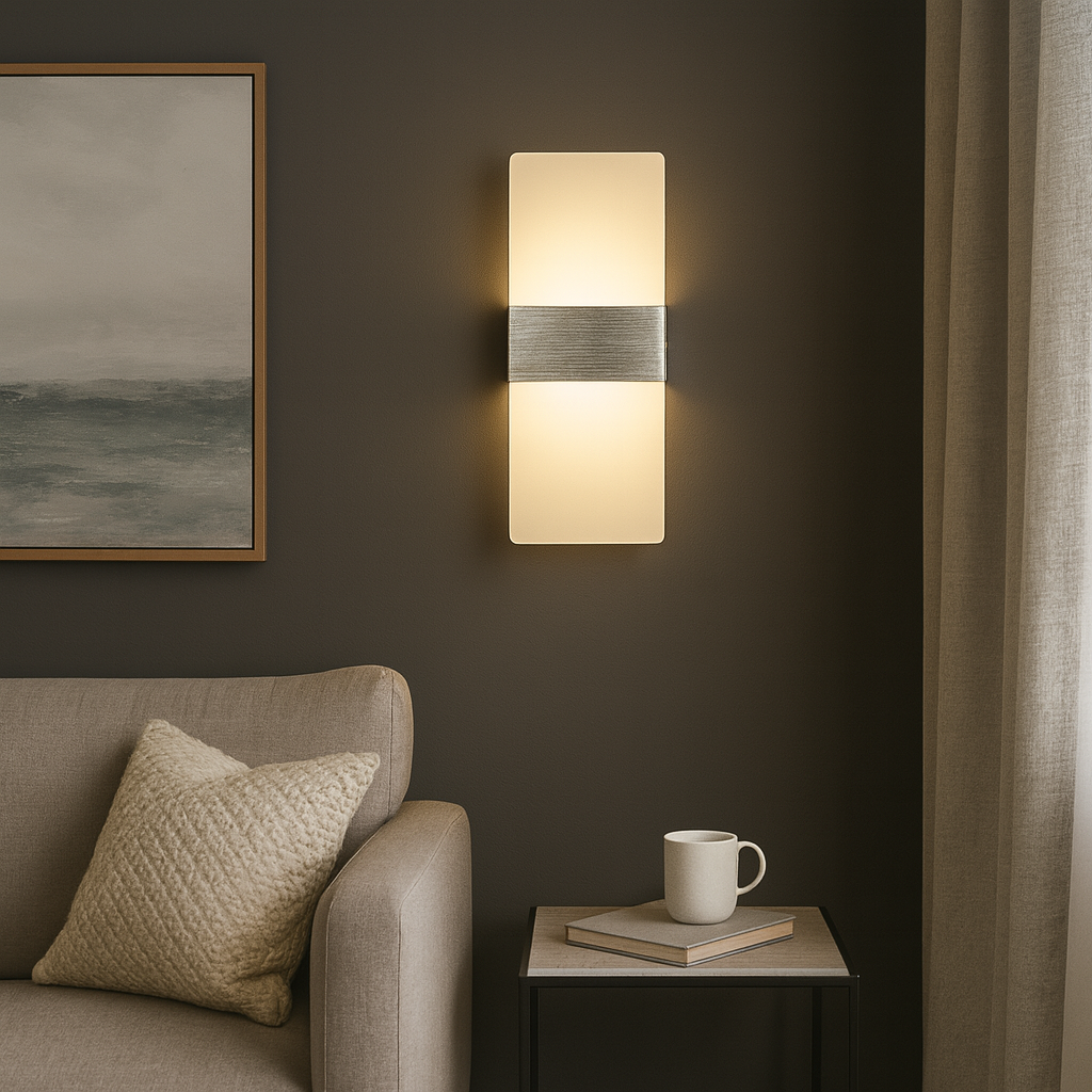 LED Wall Light | Rectangular Frosted Acrylic Shade Aluminum Center Band Indoor