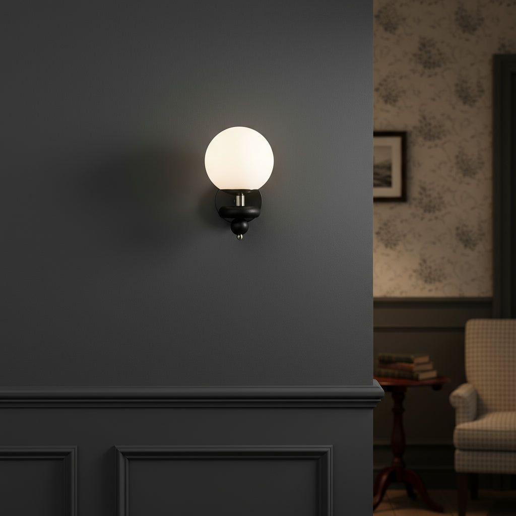 LED Wall Light | Modern Black Wood Frosted Glass Globe Decorative Wooden Accent Bedroom