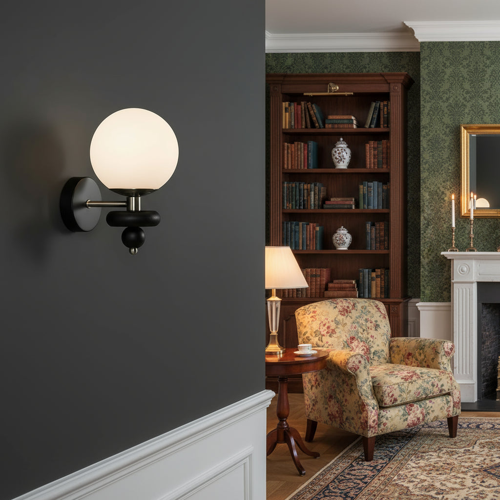 LED Wall Light | Modern Black Wood Frosted Glass Globe Decorative Wooden Accent Bedroom