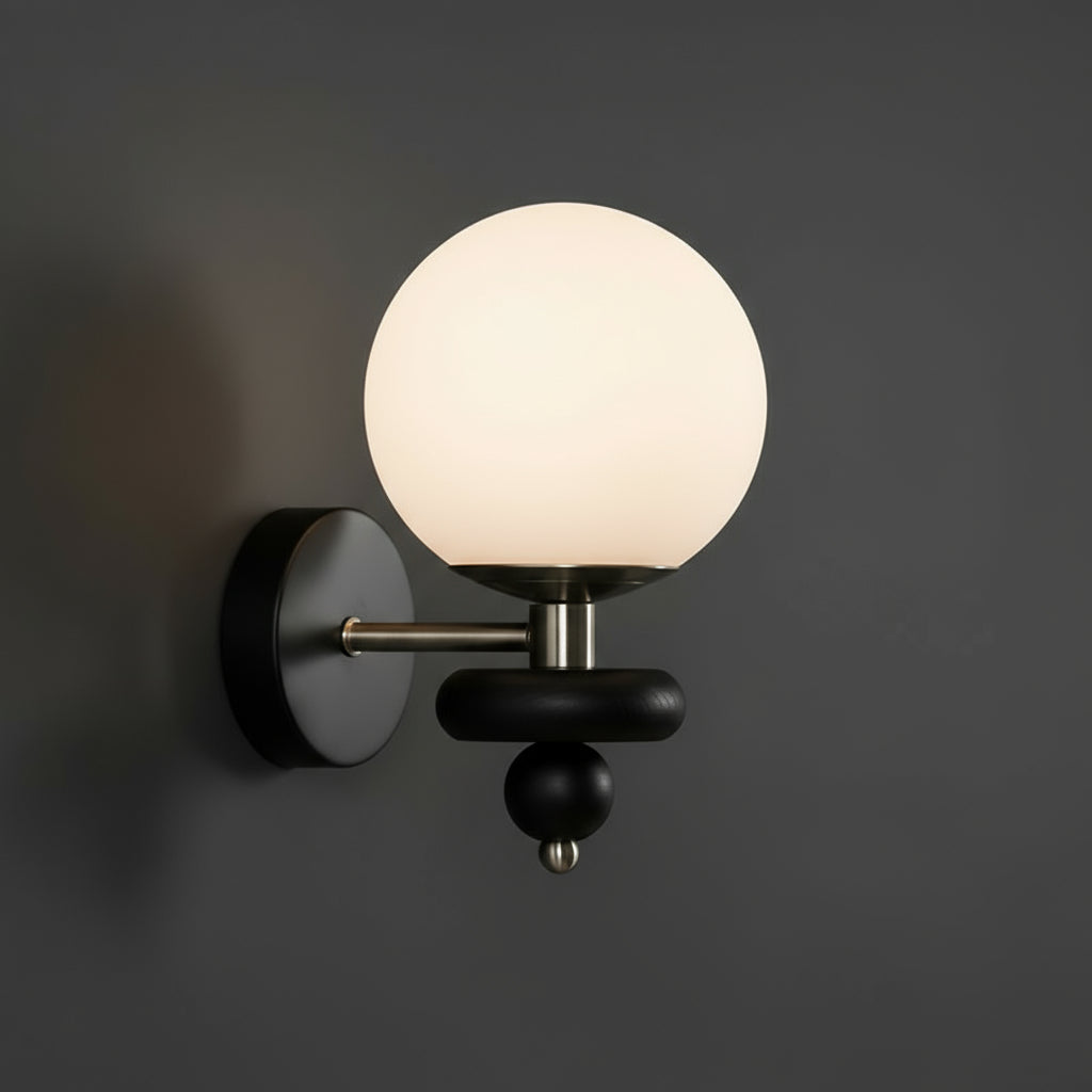 LED Wall Light | Modern Black Wood Frosted Glass Globe Decorative Wooden Accent Bedroom