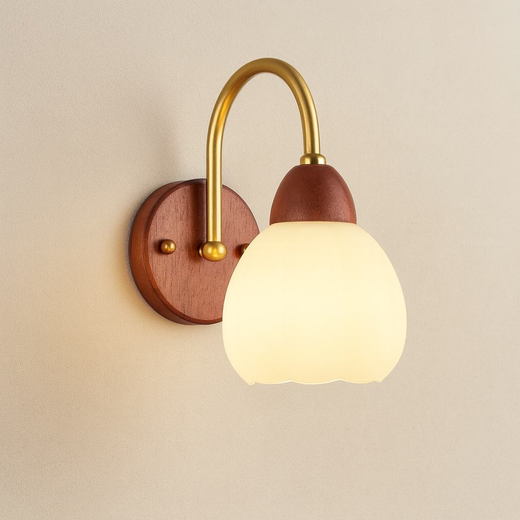 Vintage Wall Light | Wooden Base Frosted Glass Shade Ivory Metal Frame Bedroom