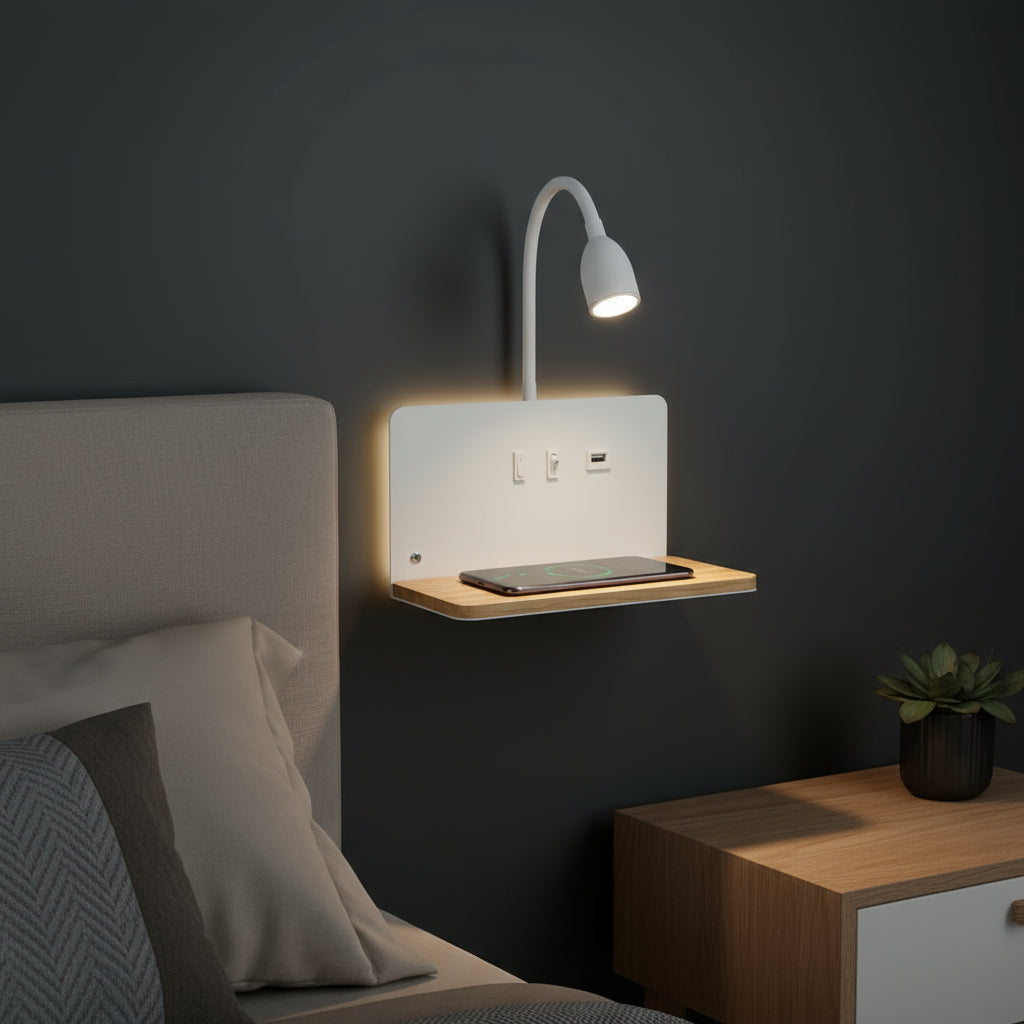 LED Wall Light | Bedside Sconce USB Wireless Charging Shelf Bedroom