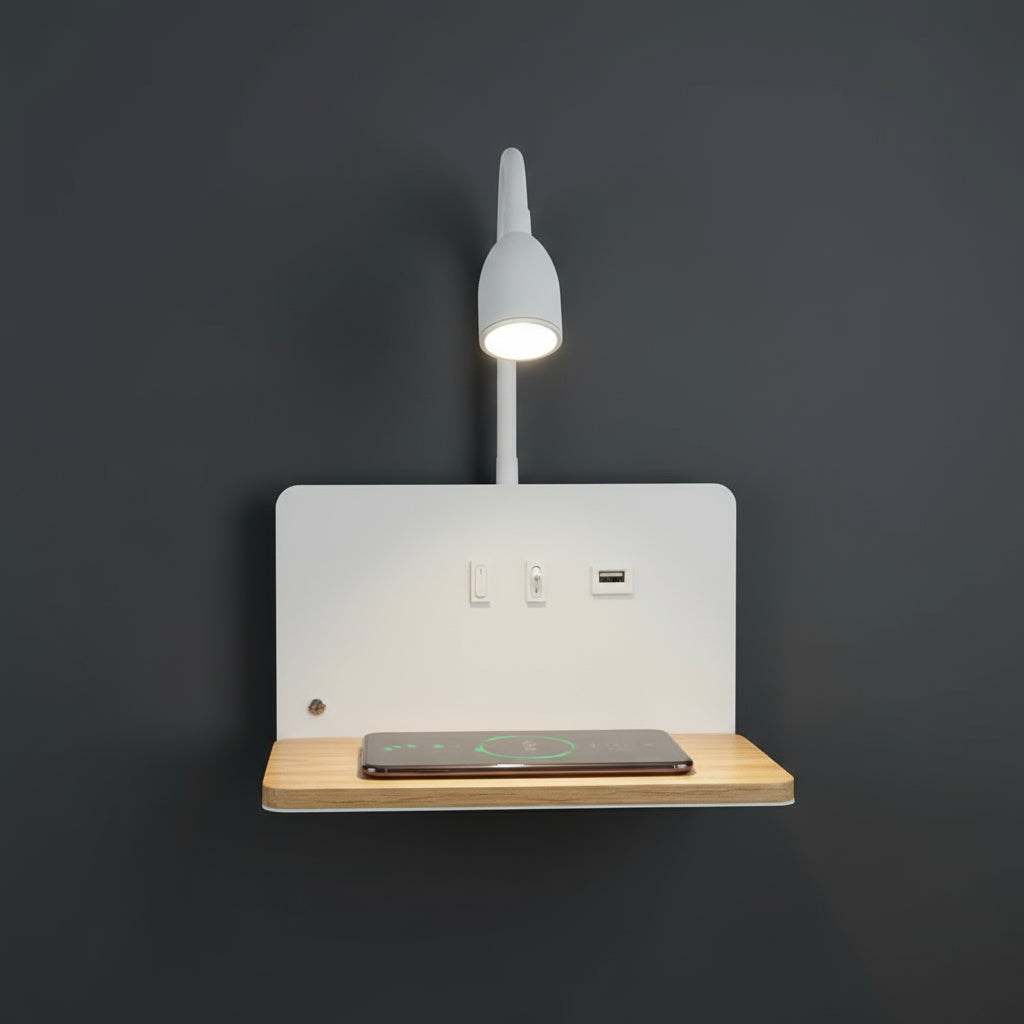 LED Wall Light | Bedside Sconce USB Wireless Charging Shelf Bedroom