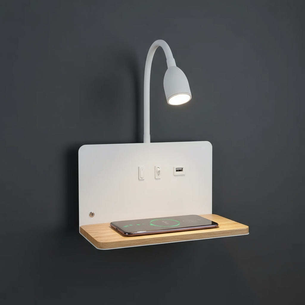 LED Wall Light | Bedside Sconce USB Wireless Charging Shelf Bedroom