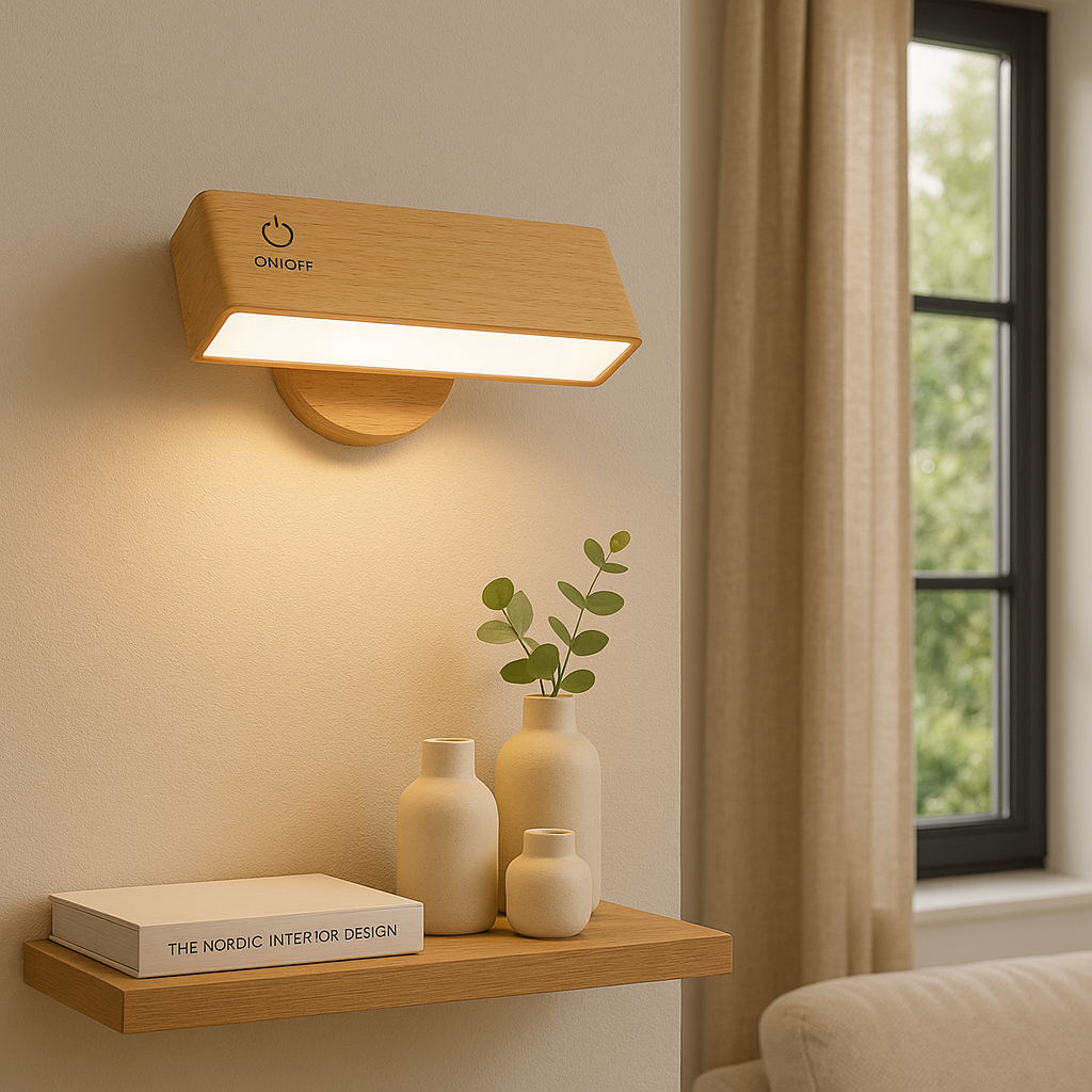 Stick-On Rechargeable Wall Light | Rotating Wooden LED Sconce Battery Operated