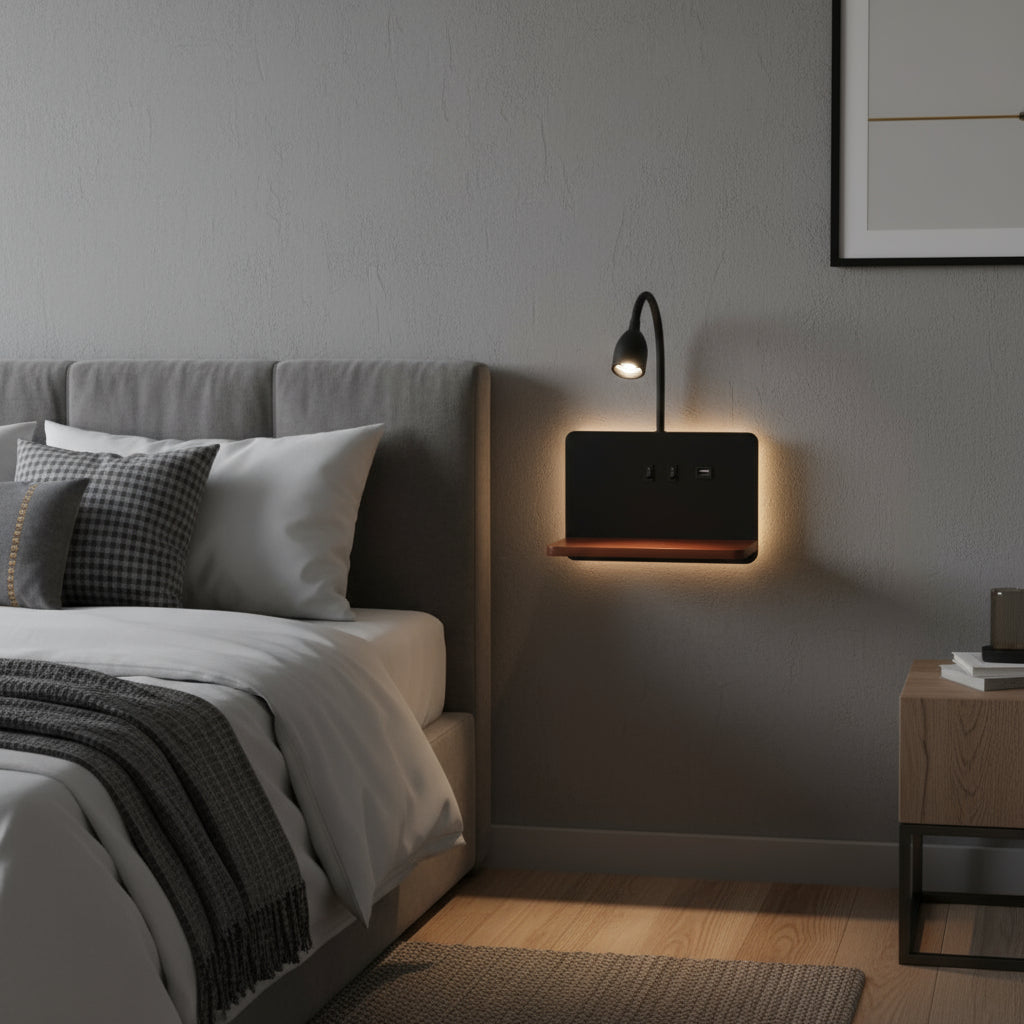 LED Wall Light | Bedside Sconce USB Wireless Charging Shelf Bedroom