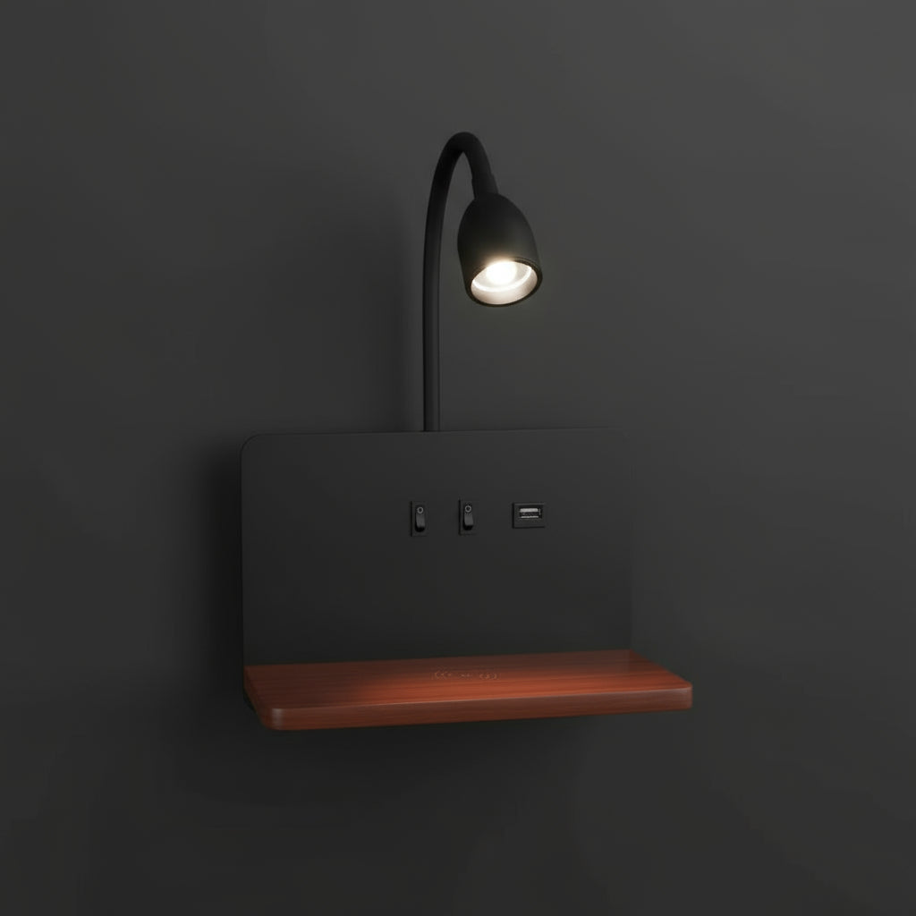 LED Wall Light | Bedside Sconce USB Wireless Charging Shelf Bedroom