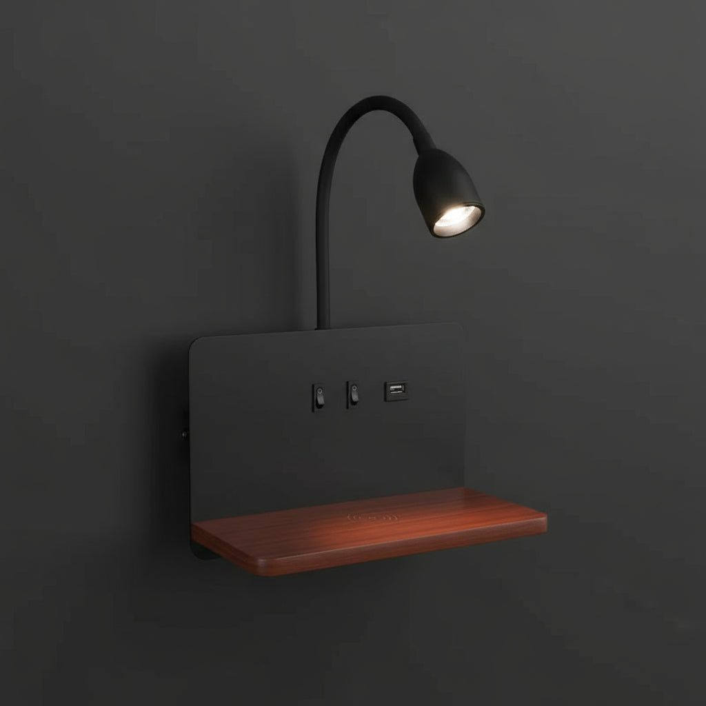 LED Wall Light | Bedside Sconce USB Wireless Charging Shelf Bedroom