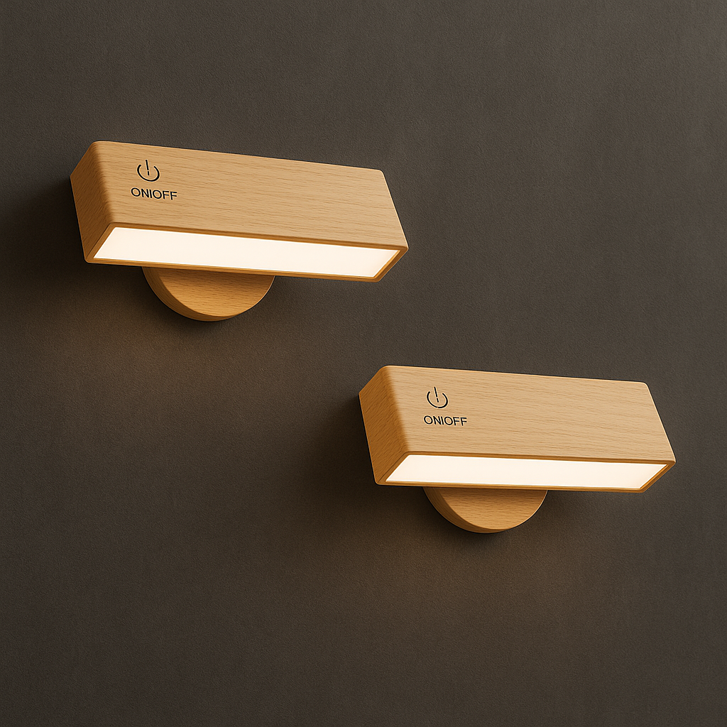 Stick-On Rechargeable Wall Light | Rotating Wooden LED Sconce Battery Operated
