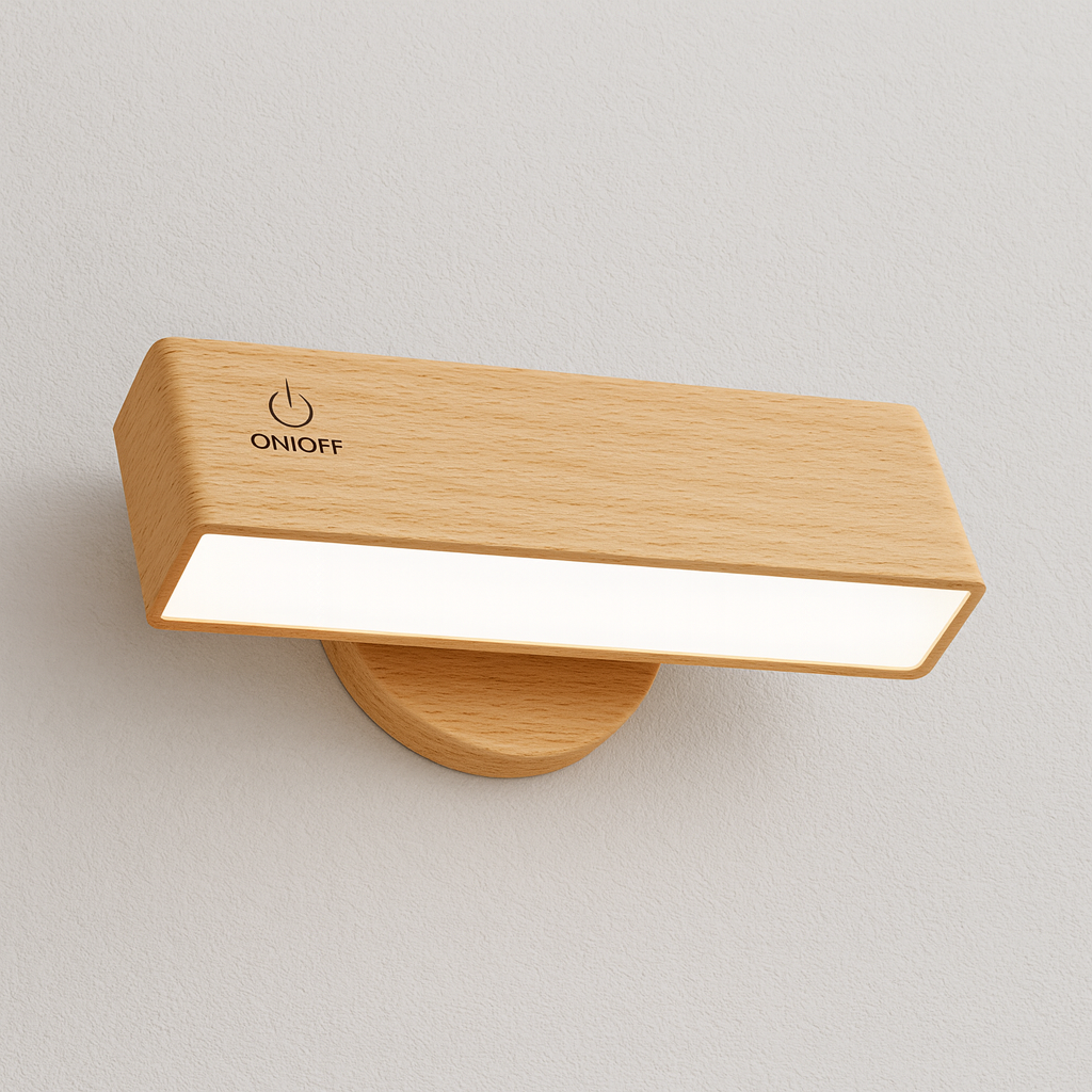 Stick-On Rechargeable Wall Light | Rotating Wooden LED Sconce Battery Operated