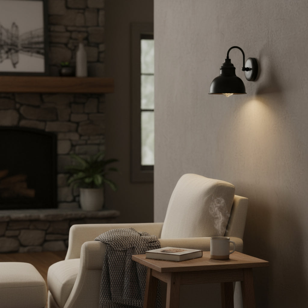 Industrial Wall Light | Vintage Black Barn Sconce Curved Arm Outdoor Lighting