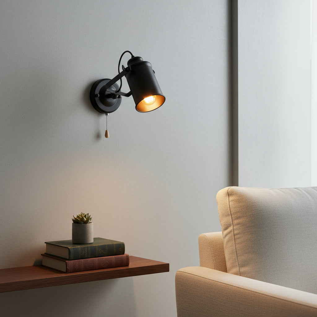 Industrial Wall Light | Vintage Adjustable Black Metal Cylinder Sconce Indoor