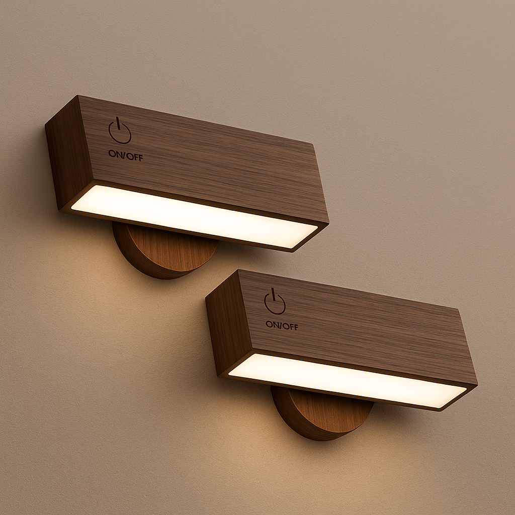 Stick-On Rechargeable Wall Light | Rotating Wooden LED Sconce Battery Operated