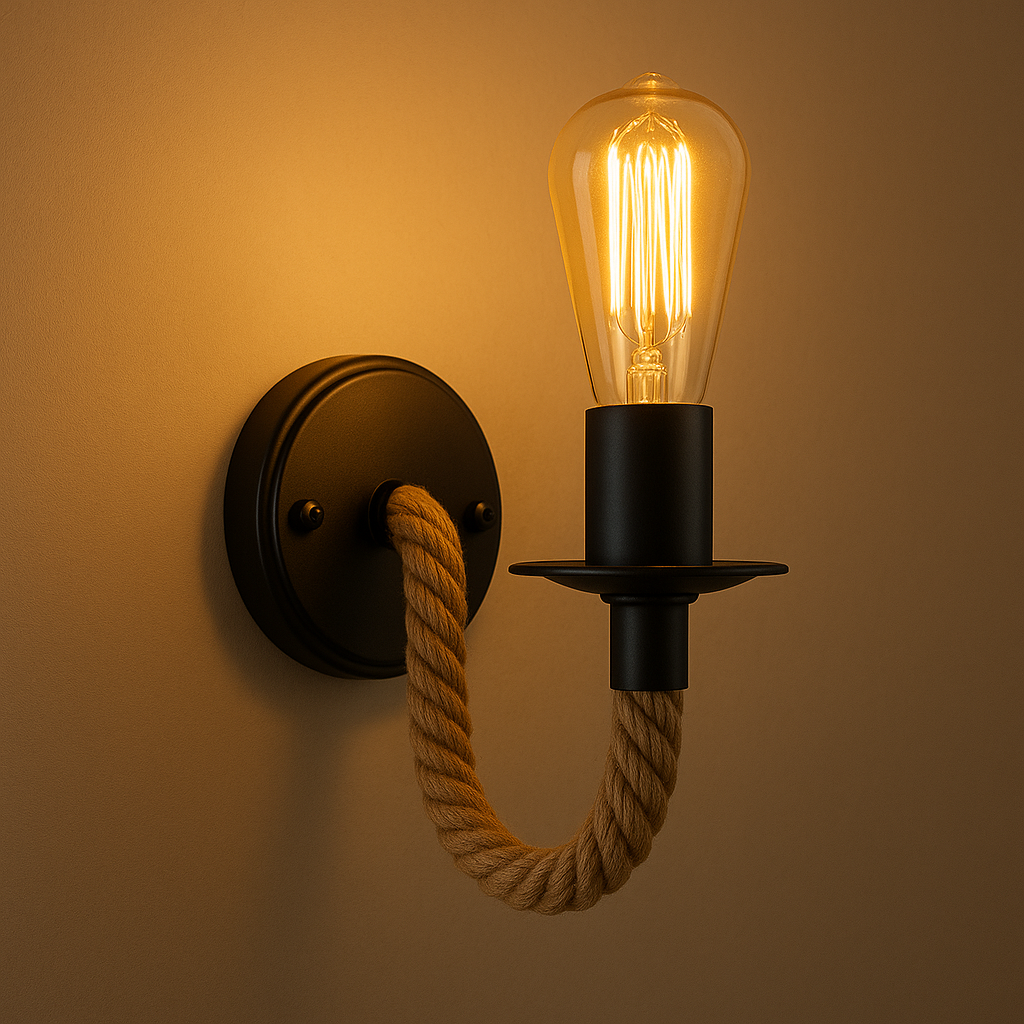 Industrial Wall Light | Metal Hemp Rope Accent Loft Hallway Indoor Lighting