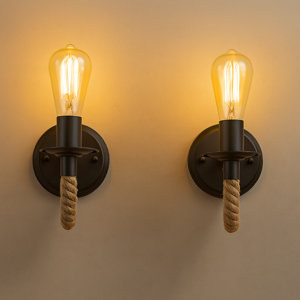 Industrial Wall Light | Metal Hemp Rope Accent Loft Hallway Indoor Lighting