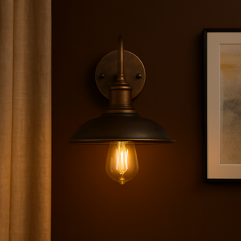 Industrial Wall Light | Bronze Vintage Curved Arm Metal Shade Sconce Indoor