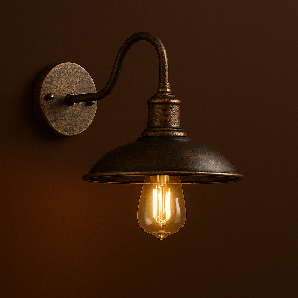 Industrial Wall Light | Bronze Vintage Curved Arm Metal Shade Sconce Indoor