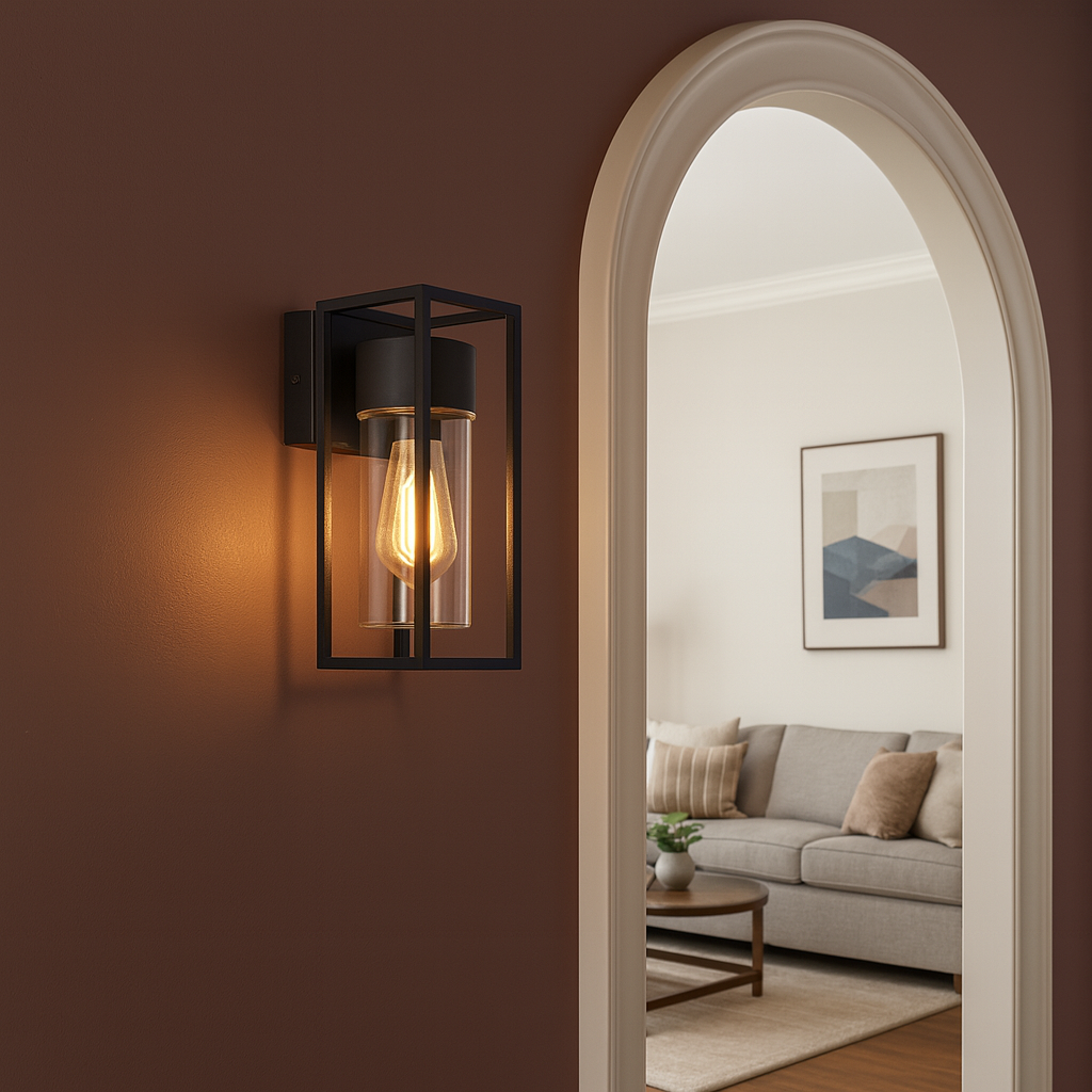 Industrial Wall Light | Black Iron Sconce Clear Glass Shade Hallway Indoor