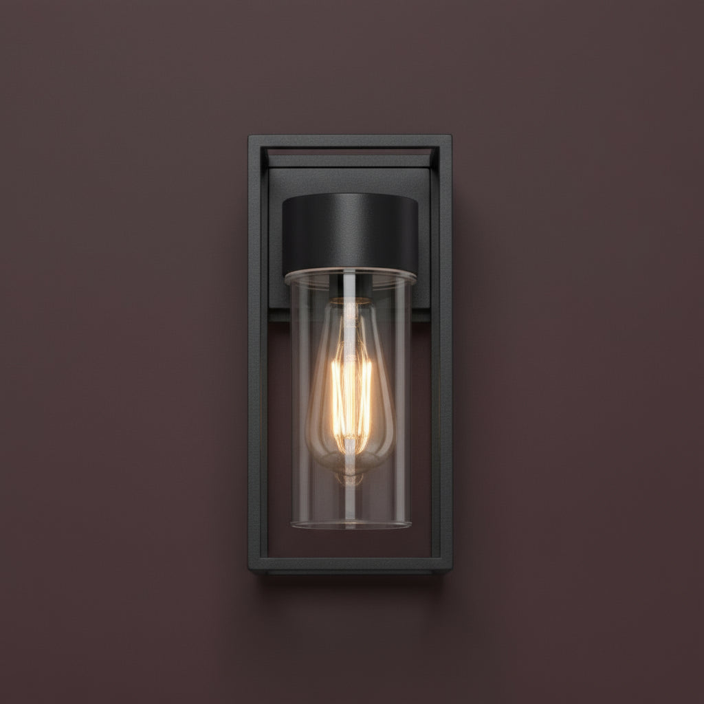 Industrial Wall Light | Black Iron Sconce Clear Glass Shade Hallway Indoor