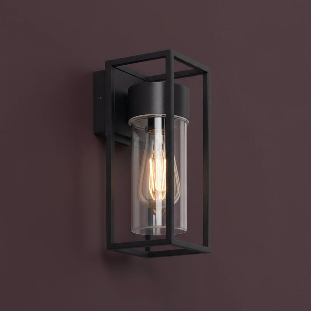Industrial Wall Light | Black Iron Sconce Clear Glass Shade Hallway Indoor