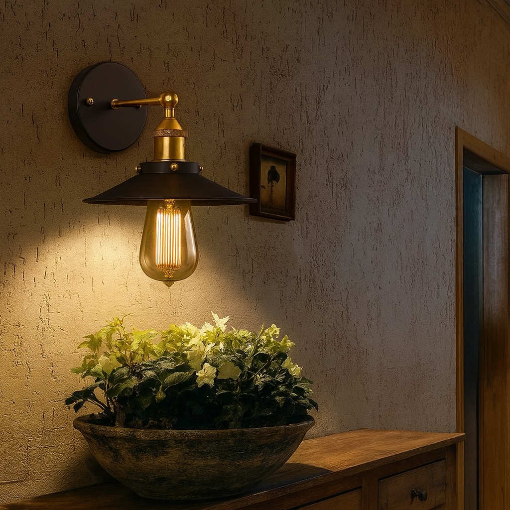 Industrial Wall Light | Adjustable Black Antique Brass Metal Shade Sconce Indoor