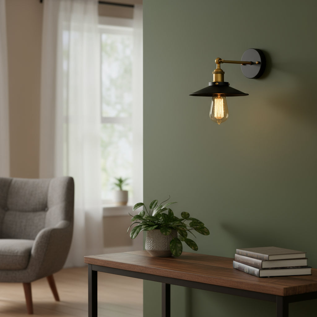 Industrial Wall Light | Adjustable Black Antique Brass Metal Shade Sconce Indoor