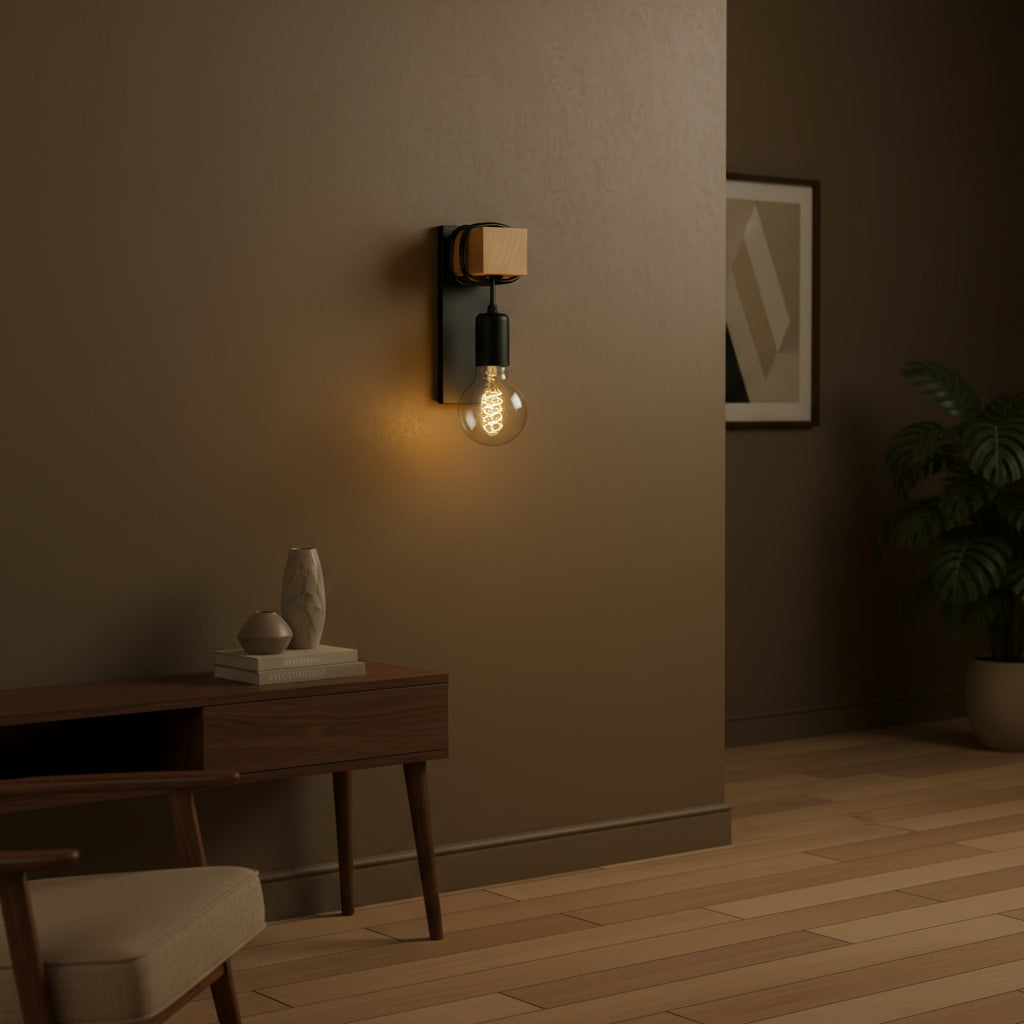 Contemporary Wall Light | Wood Metal Sconce Spiral LED Bulb Living Room
