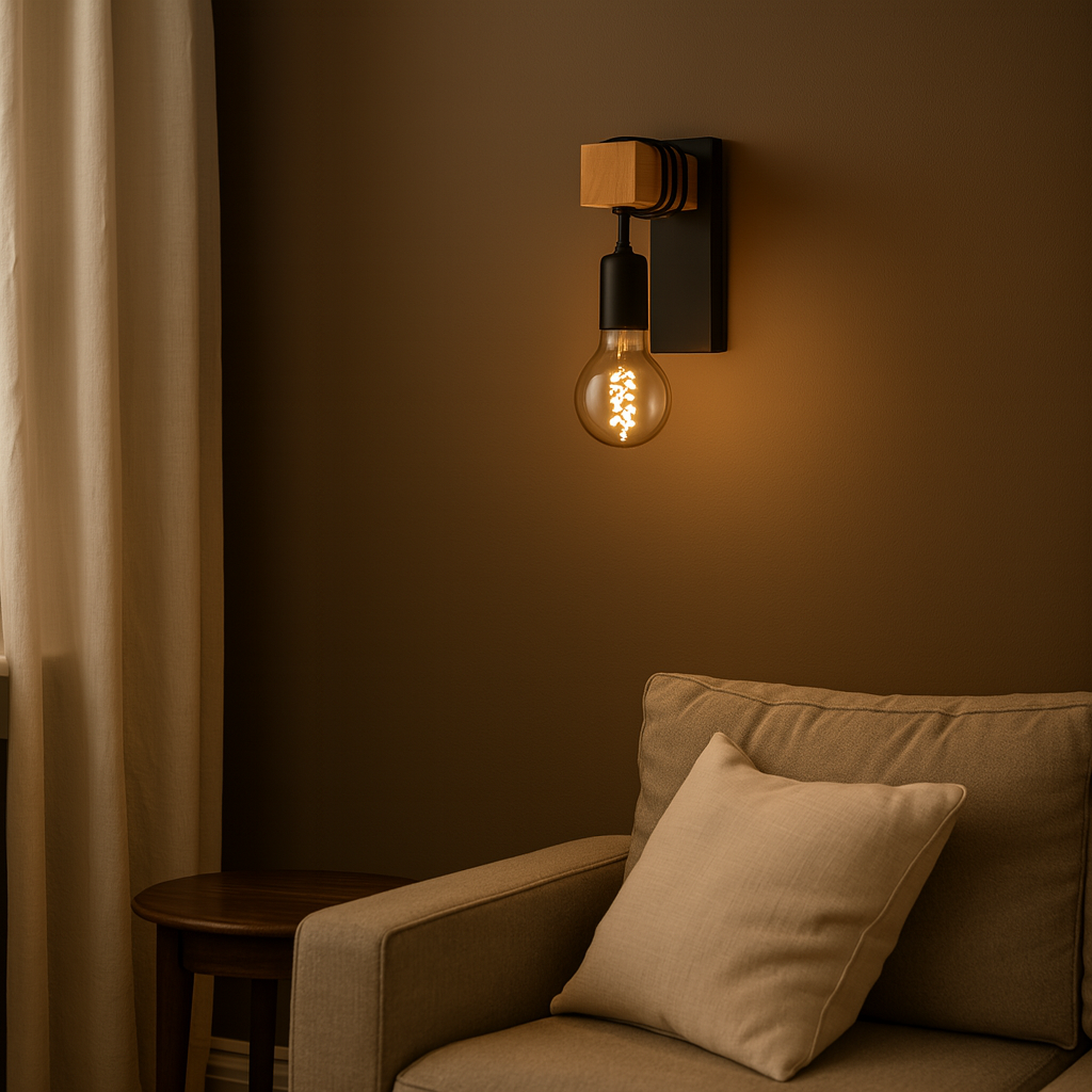 Contemporary Wall Light | Wood Metal Sconce Spiral LED Bulb Living Room