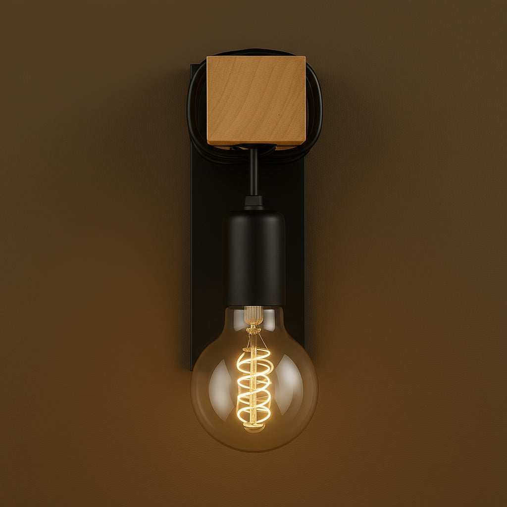 Contemporary Wall Light | Wood Metal Sconce Spiral LED Bulb Living Room
