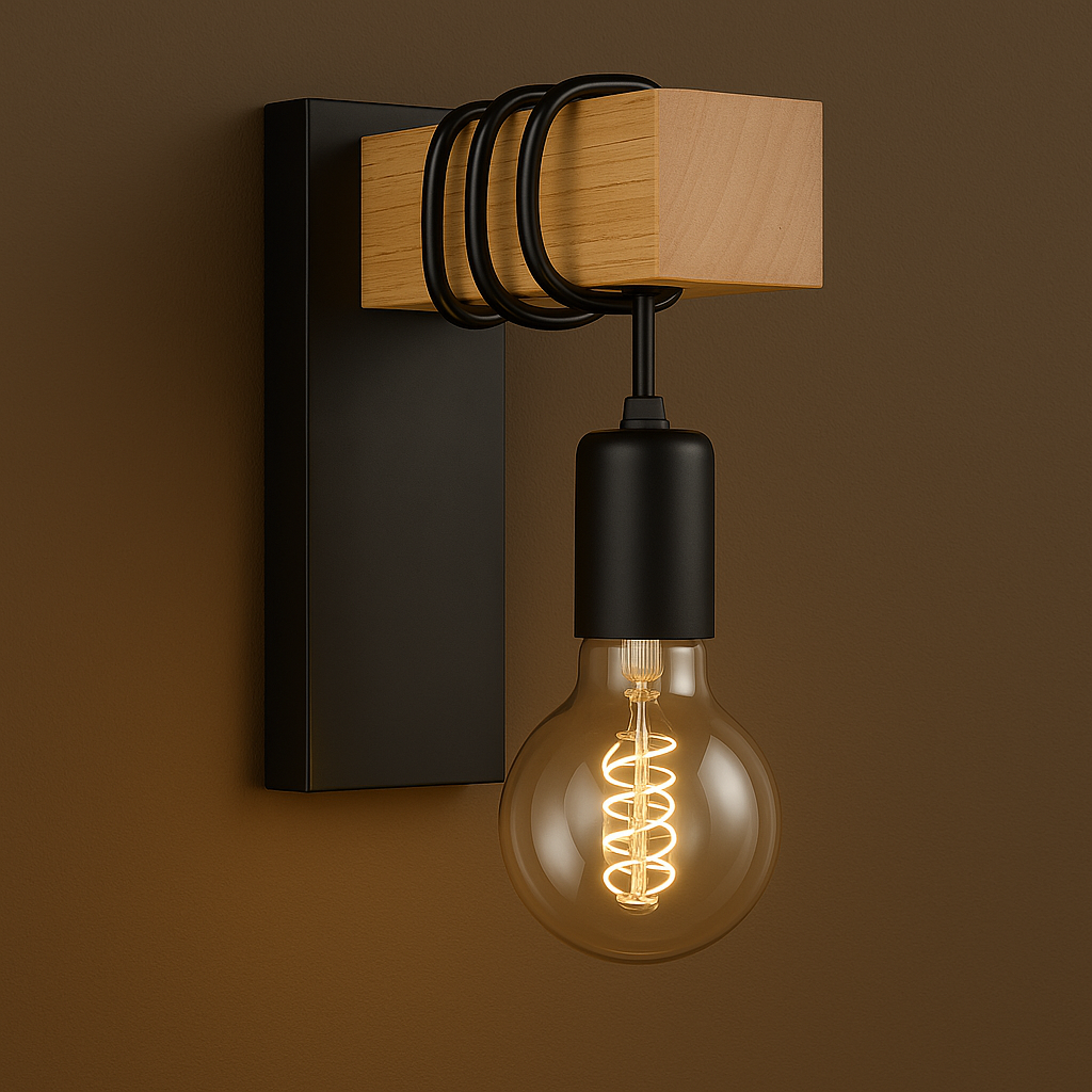 Contemporary Wall Light | Wood Metal Sconce Spiral LED Bulb Living Room