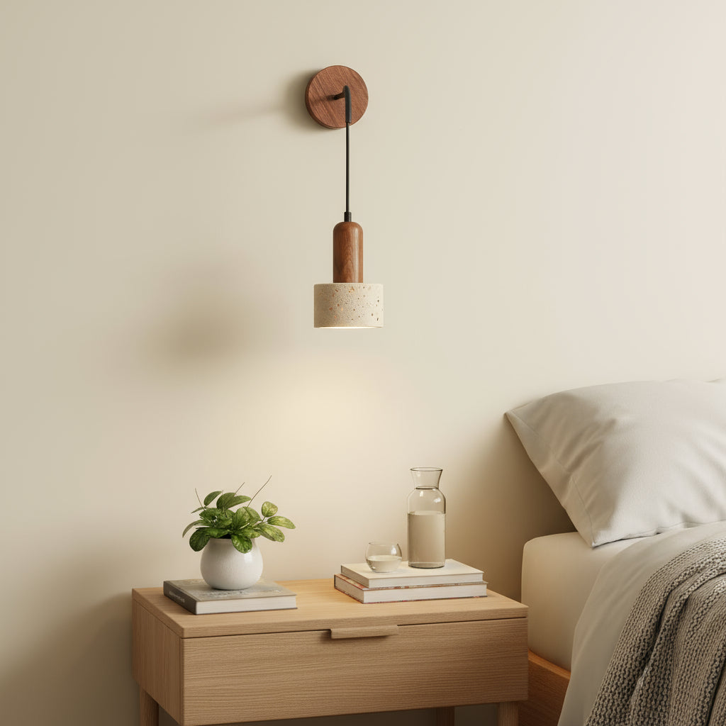 Contemporary Wall Light | Wabi-Sabi Natural Stone Walnut Wood LED Sconce Indoor